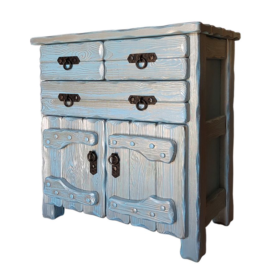 Комод деревянный "Барин 3" (3 ящика + 2 двери) с элементами ковки голубой с серебряной патиной